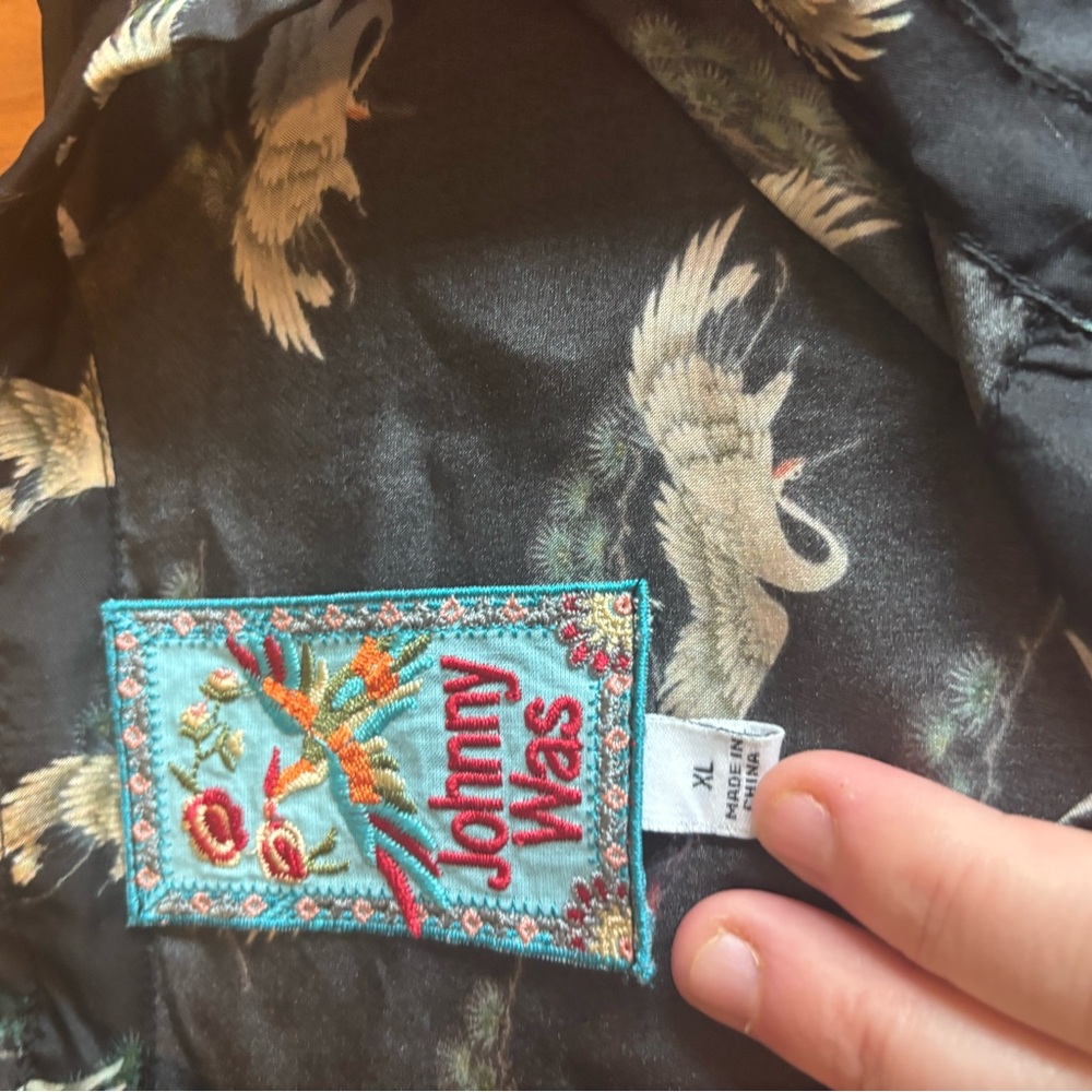 Johnny Was Black Blouse with Crane Embroidery